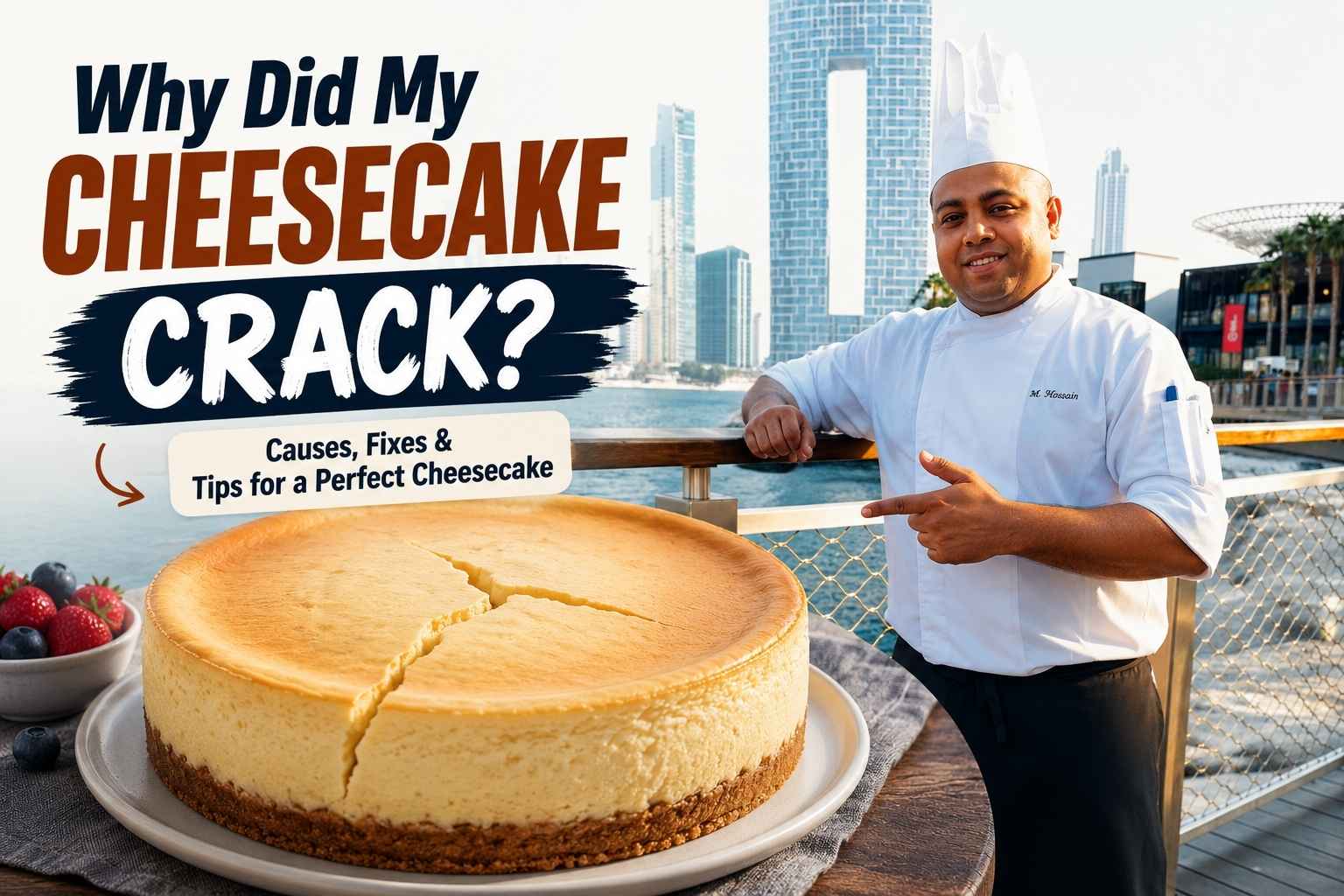 "Feature image for 'Why Did My Cheesecake Crack?' showing a smiling chef in a white uniform standing by a waterfront city skyline, pointing toward a large cracked cheesecake. Bold headline text reads 'Why Did My Cheesecake Crack?' with a subtitle about causes, fixes, and tips for baking a perfect cheesecake."