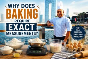 A chef in a white uniform stands by a waterfront railing with a city skyline behind him. In front are baking ingredients and tools including flour, eggs, measuring jug, mixing bowls, whisk, rolling pin, and a digital scale. Large bold text reads “Why Does Baking Require Exact Measurements?” with a focus on precision, consistency, and perfection.