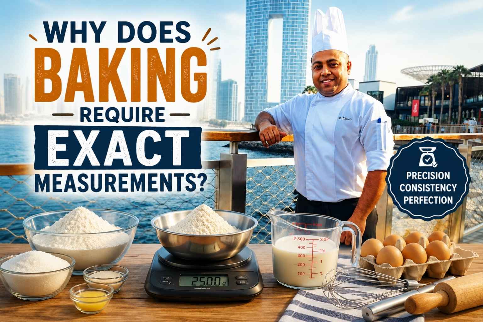 A chef in a white uniform stands by a waterfront railing with a city skyline behind him. In front are baking ingredients and tools including flour, eggs, measuring jug, mixing bowls, whisk, rolling pin, and a digital scale. Large bold text reads “Why Does Baking Require Exact Measurements?” with a focus on precision, consistency, and perfection.