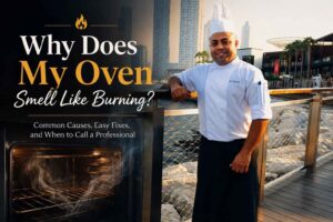 "Website feature image showing a chef standing by a waterfront with the headline 'Why Does My Oven Smell Like Burning?' and a smoky oven illustration representing common oven odor problems."