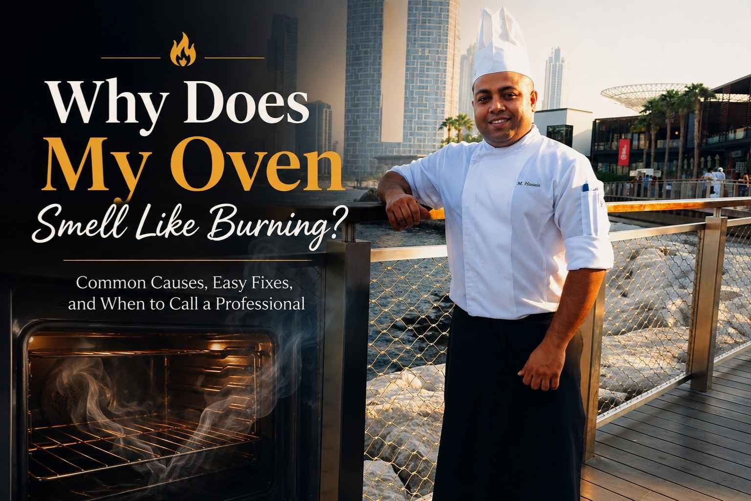 "Website feature image showing a chef standing by a waterfront with the headline 'Why Does My Oven Smell Like Burning?' and a smoky oven illustration representing common oven odor problems."