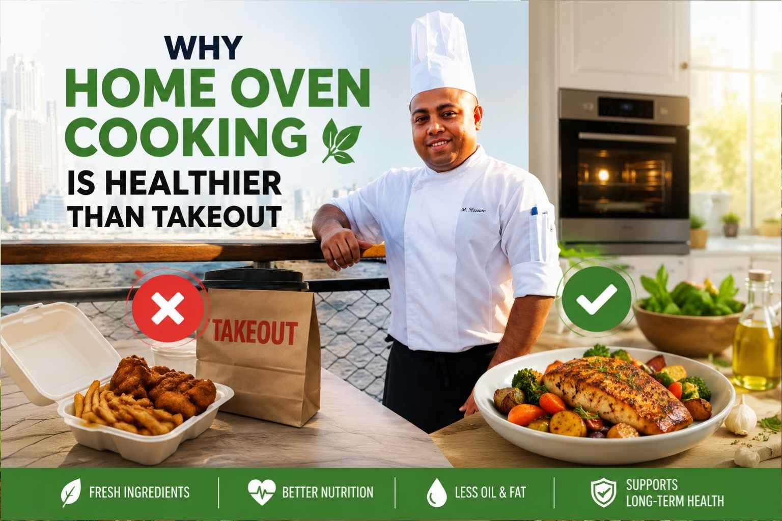 Chef in a white uniform standing by a waterfront with a modern kitchen backdrop, comparing healthy home oven cooking with unhealthy takeout food, featuring fresh baked salmon and vegetables alongside fried takeout items under the headline "Why Home Oven Cooking Is Healthier Than Takeout."