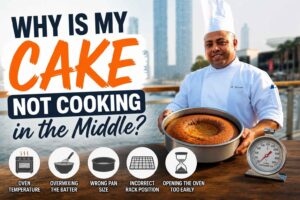 Chef in a white uniform holding a sunken cake beside a waterfront skyline with bold text reading "Why Is My Cake Not Cooking in the Middle?" and icons highlighting common baking mistakes such as oven temperature, overmixing, wrong pan size, incorrect rack position, and opening the oven too early.