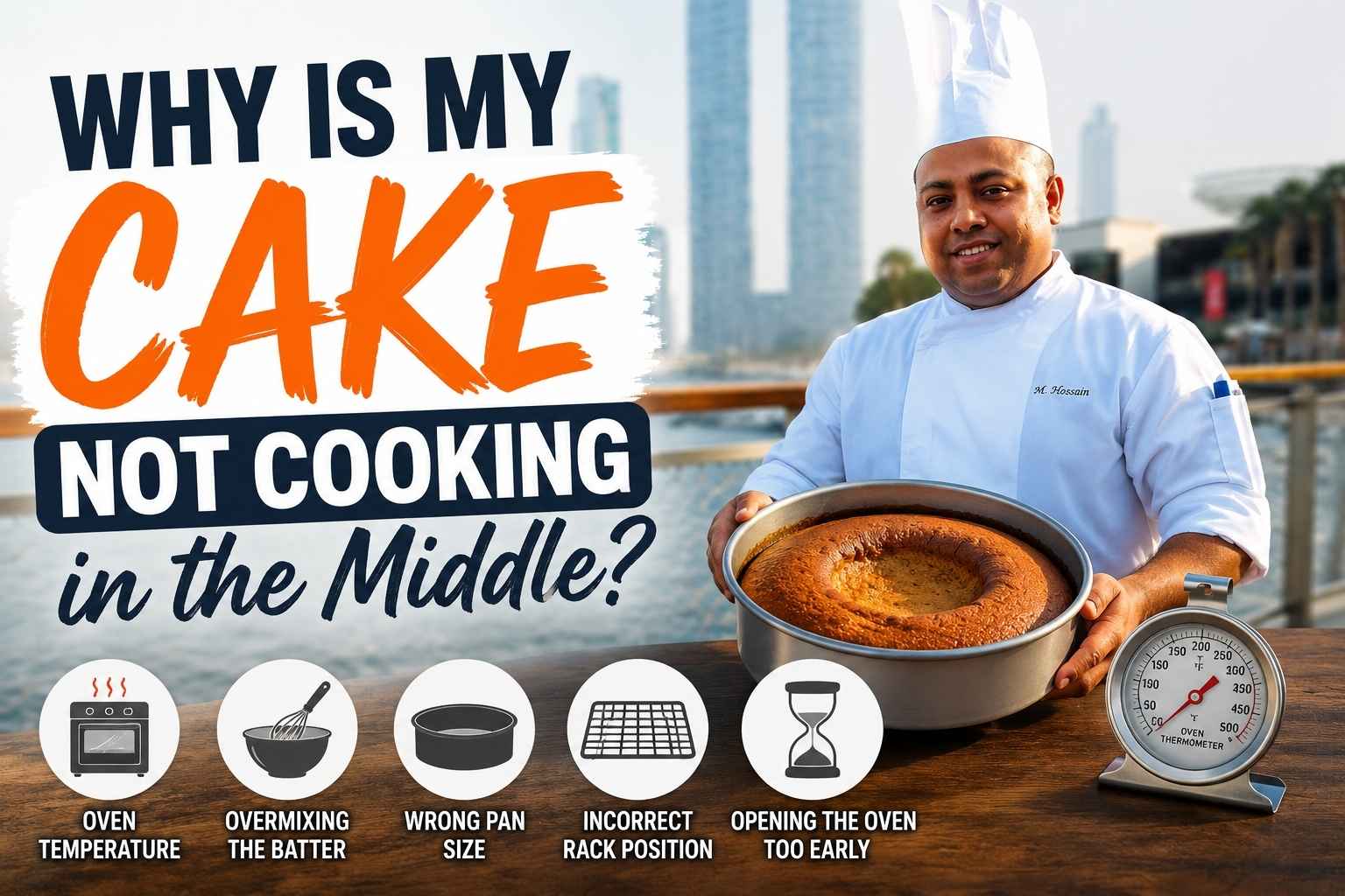 Chef in a white uniform holding a sunken cake beside a waterfront skyline with bold text reading "Why Is My Cake Not Cooking in the Middle?" and icons highlighting common baking mistakes such as oven temperature, overmixing, wrong pan size, incorrect rack position, and opening the oven too early.