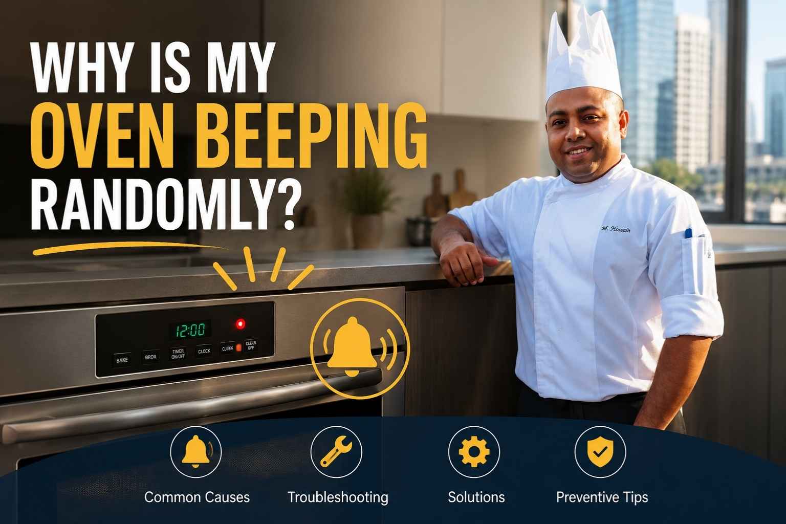 "Professional chef in a white uniform standing beside a modern oven with bold text reading 'Why Is My Oven Beeping Randomly?' and icons representing common causes, troubleshooting, solutions, and preventive tips in a clean kitchen setting."