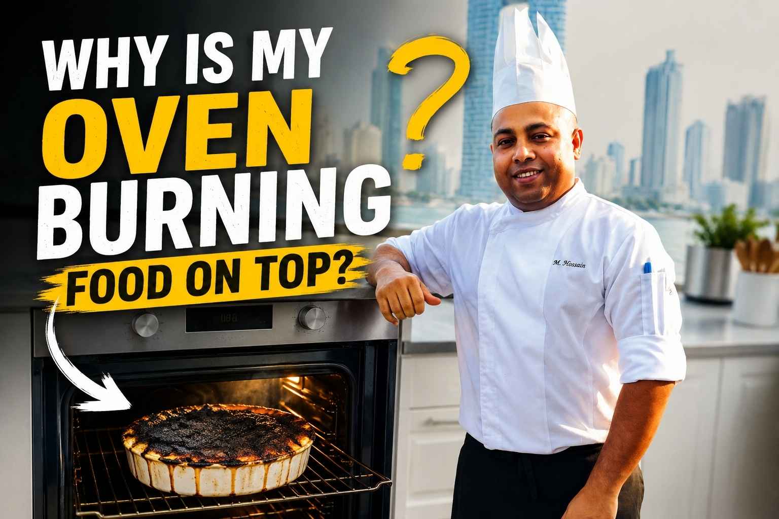 Professional chef standing beside an oven with a burnt baked dish inside, illustrating a common baking problem. Large bold text reads “Why Is My Oven Burning Food on Top?” with an arrow pointing to the overcooked food. The image features a modern kitchen setting with a city skyline in the background, emphasizing oven troubleshooting and cooking tips.