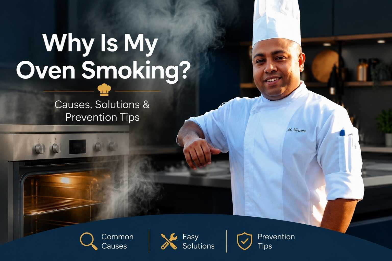 "Professional chef standing beside a smoking oven in a modern kitchen with the headline 'Why Is My Oven Smoking?' highlighting common causes, easy solutions, and prevention tips for oven maintenance."