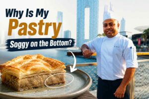 A smiling chef in a white uniform stands on a waterfront boardwalk with a modern city skyline in the background. In the foreground, a flaky pastry with a visibly soggy bottom sits on a plate, highlighted by a white circle and arrow. Large bold text reads, "Why Is My Pastry Soggy on the Bottom?", making it a clear feature image for a baking troubleshooting article.