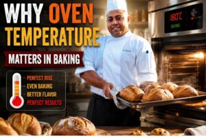 Professional baking feature image showing a chef in a white uniform and hat holding a tray of freshly baked bread beside an oven. The design highlights the topic “Why Oven Temperature Matters in Baking” with visual elements like a temperature gauge, oven display, and text emphasizing perfect rise, even baking, better flavor, and perfect results.