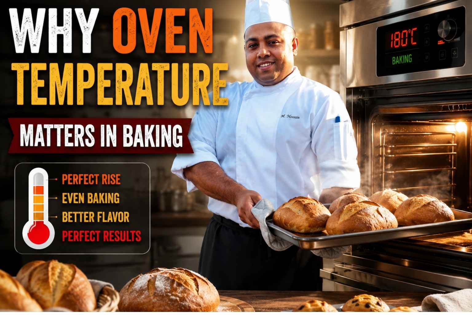 Professional baking feature image showing a chef in a white uniform and hat holding a tray of freshly baked bread beside an oven. The design highlights the topic “Why Oven Temperature Matters in Baking” with visual elements like a temperature gauge, oven display, and text emphasizing perfect rise, even baking, better flavor, and perfect results.