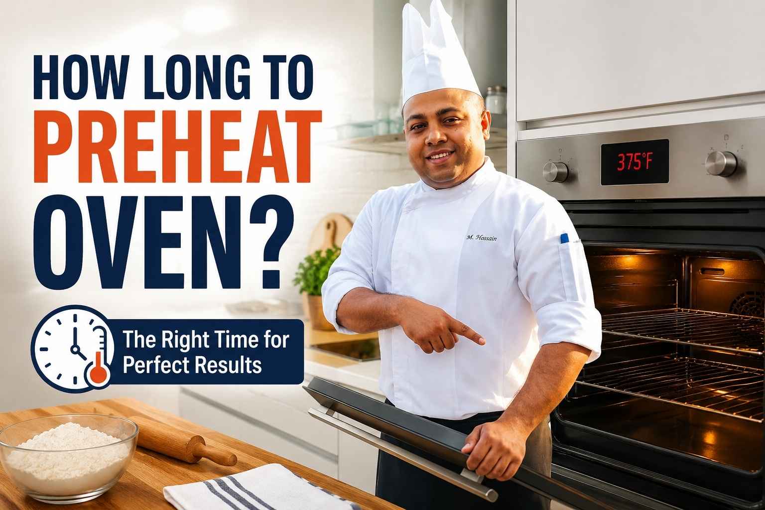 "Chef Mossaraof demonstrating how long to preheat oven for perfect baking and cooking results in a modern kitchen."
