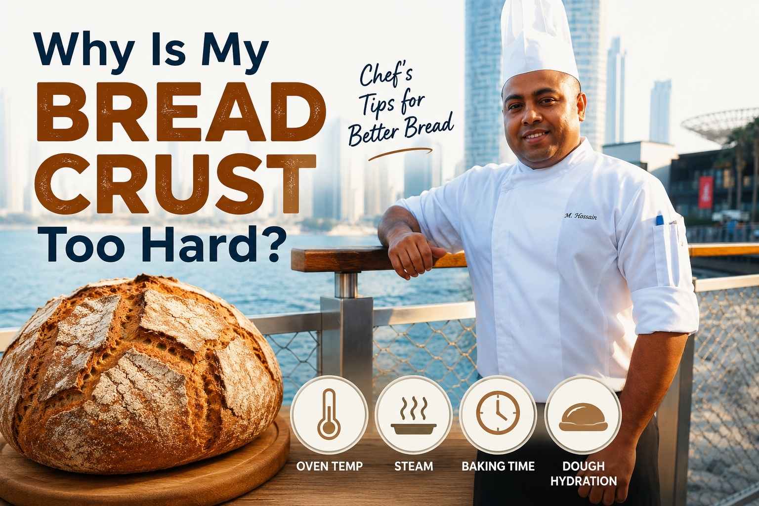 Chef Mossaraof standing beside a waterfront with an artisan bread loaf and the title "Why Is My Bread Crust Too Hard" highlighting expert bread baking tips.